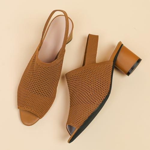 Women's Knit Peep Toe Slingback Chunky Heeled Sandals with Ankle Strap Fashion Open Pointed Toe Cut Out Slip On Backless High Heels Summer Casual Work Office Wedding Dressy Pumps4