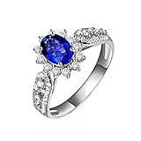 Tolldek Anillo de oro blanco Au750, joyas de oro auténtico, banda de boda pequeña con corte ovalado de 0,89 quilates, azul zafiro, anillos de boda de 18 quilates, sin alergias, Oro blanco de 18