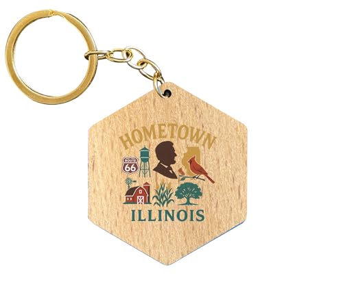 R and R Imports Hometown Illinois Keepsake Souvenir 2-Inch Wooden Hexagon Keychain