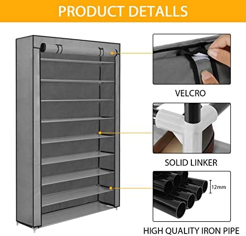 XJYMCOM 10-Tier Shoes Rack with Dustproof Cover 160 * 100 * 30cm Non-Woven Fabric Shoe Storage Cabinet Shoe Organizer Shoe Rack Stand Hold up to 50 Pairs of Shoes for Living Room Hallway