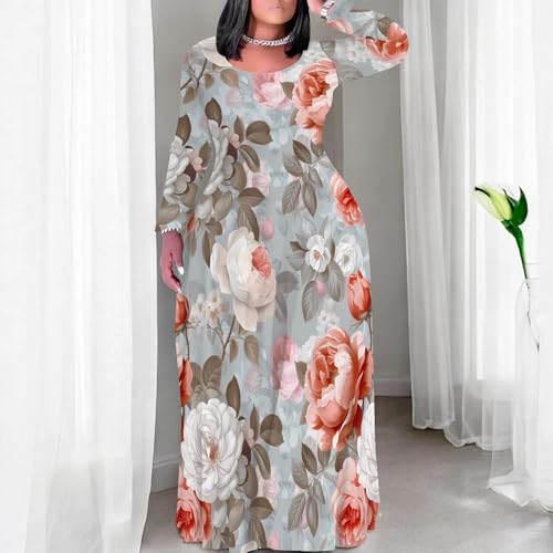 Image of PinkPatty Plus Size Maxi Dresses for Women Long Sleeve Crew Neck Casual Fall Dress with Pockets