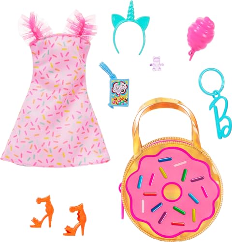 Barbie Clothes and Accessories, Deluxe Keychain Donut Bag with Pink Sprinkle Dress and Candy Themed Accessories for Barbie Dolls