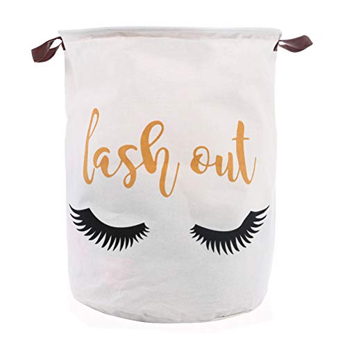 Fieans Grand Panier à Linge Pliable Tissu Seau de Rangement avec Cuir Poignée Corbeilleà Linge pour Vêtements Stockage de Jouets (Cils, Blanc) Cover