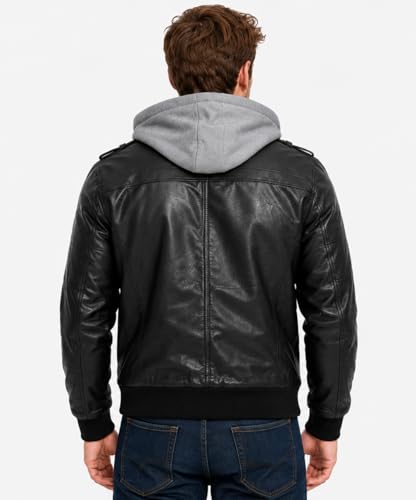 Image of Men's Leather Jacket Removable Hood | leather jacket Men | Black Leather Motorcycle Jacket