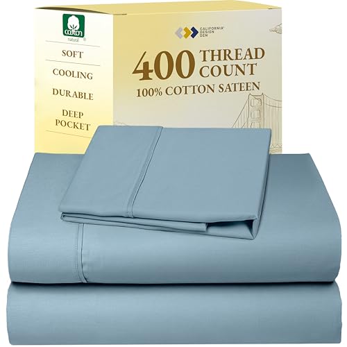 california design den twin xl sheet sets - soft 400 thread count sateen, natural 100% cotton sheets set with deep pockets, cooling and durable bedding - sky blue soft400 natural100%