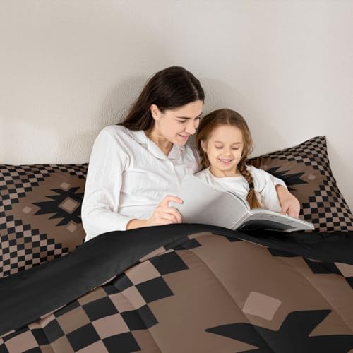 Image of Feelyou Aztec Comforter Set Full Size Brown Black Checkered Bedding Set for Kids Boys Girls Boho Western Decor Duvet Quilt Farmhouse Bedroom Decor Microfiber 3 Pcs with 2 Pillow Cases