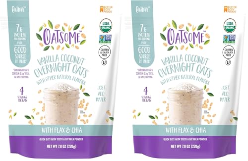 Image of Oatsome Vanilla Coconut Overnight Oats with Flax and Chia, Gluten-Free Organic Oatmeal with 7g of Protein, 7.8oz Bag (Pack of 2)