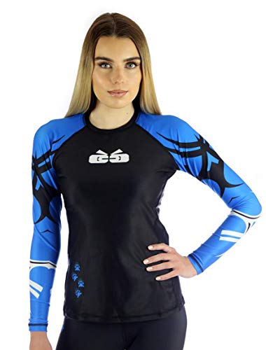 Sicchic Women's Rash Guard BJJ MMA Premium Jiu Jitsu Fighting Grappling Compression Shirt Large Black and Blue