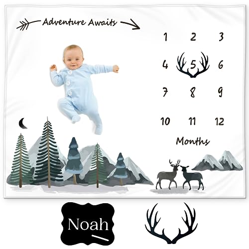 Image of KEMINA BLANKETS Baby Monthly Milestone Blanket Boy - Milestone Blanket for Baby Boy Includes Felt Frame and Personalized Board, Adventure Mountain Month Blanket Woodland Nursery, Baby Shower 50x40