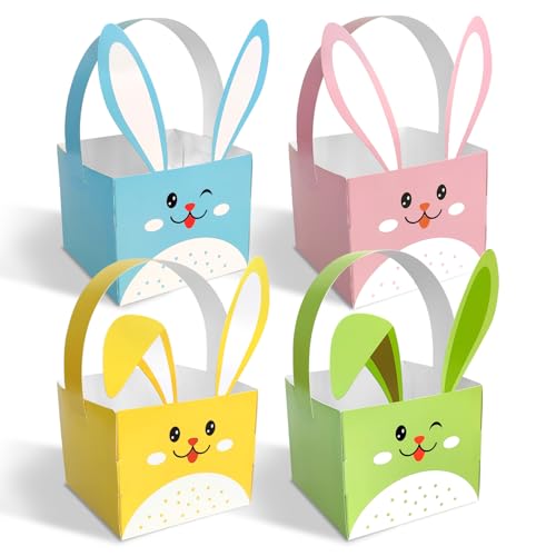 JOINCCI 24PCS Easter Treat Boxes with Handles,Small Paper Easter Baskets Bulk,Bunny Mini Basket Candy Cookies Boxes for kids Home Classrooms Party Favor Decorations Supplies(4.7 x 4.7 x 3.9 INCH)