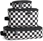 Itzy Ritzy Packing Cubes for Travel – Set of 3 Packing Cubes or Travel Organizers; Each Cube Features a Mesh Top, Double Zippers and a Fabric Handle (Black & White Checkerboard)