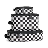 Itzy Ritzy Packing Cubes for Travel – Set of 3 Packing Cubes or Travel Organizers; Each Cube Features a Mesh Top, Double Zippers and a Fabric Handle (Black & White Checkerboard)