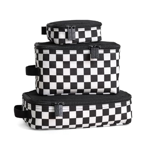 Image of Itzy Ritzy Packing Cubes for Travel – Set of 3 Packing Cubes or Travel Organizers - Each Cube Features a Mesh Top, Double Zippers and a Fabric Handle (Black & White Checkerboard)