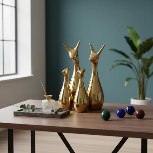 Image of Xtore Home Decor Lucky Deer Statue Family Metallic Gold Finish Ceramic Figures | | Elegant Family Deer Showpiece for Living Room, Office, Hall, Shelf Decoration - (Set of 4, Golden Set)