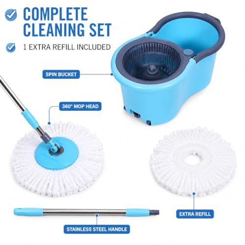 Image of Spin Mop Bucket Set with Adjustable Stainless Steel Handle and 2 Microfiber Refills - Plastic Wringer Basket with Wheels, 360 Degree Rotating Head Floor Cleaning System for Home and Kitchen (Blue)