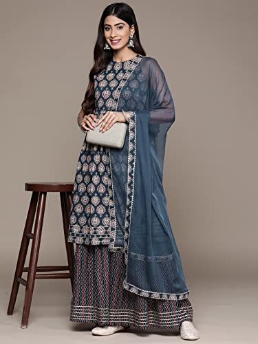 Image of ishin Women's Pure Cotton Maroon Abstract Printed A-Line Kurta suit set with Sharara & Dupatta