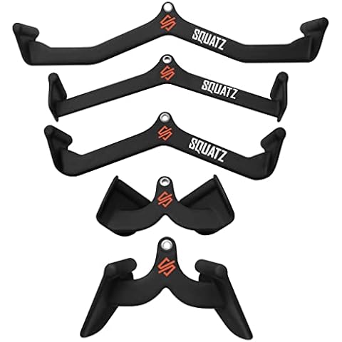 SQUATZ Lat Pulldown Attachments, T-bar, V-bar, Pulley Cable Attachments, Bicep Curl, Tricep Lat pulldown Bar, Mag Grips, Back Strength Training Rubber Coated Handles for Comfort and Grip, Set of 5 Cover