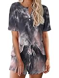 Ekouaer Womens Loungewear, 2 Piece Pajamas Set, Sleepwear, Tie Dye Black Pink, Medium