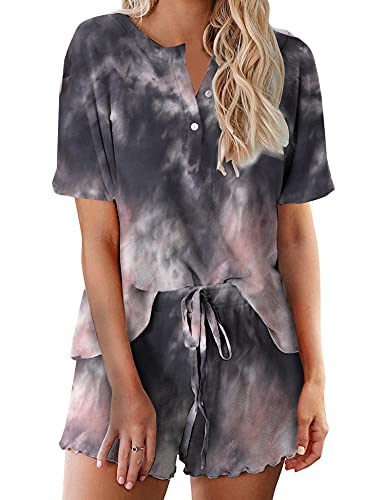 Ekouaer Womens Loungewear, 2 Piece Pajamas Set, Sleepwear, Tie Dye Black Pink, Medium #TOP9