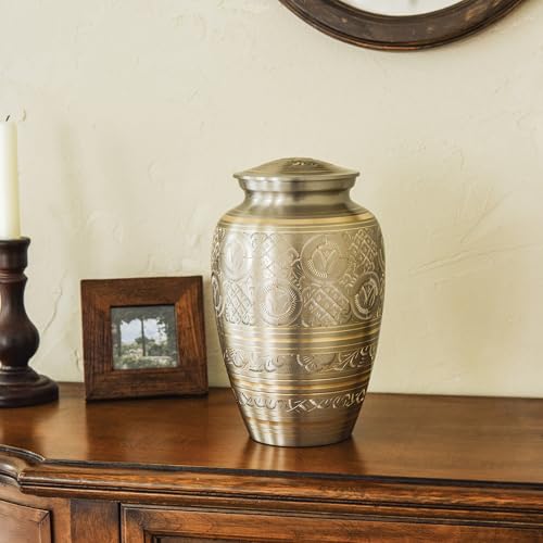 Image of AspenStudio Platinum Brass Cremation Urn for Adult Human Ashes - Large Handcrafted Funeral Memorial Urns Brass Urn Capacity 225 lbs