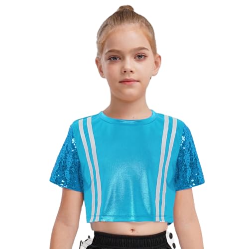 Kids Girls Color Block Dance Set Shiny Sequin Short Sleeve Crop Top & Shorts for Jazz Performance3