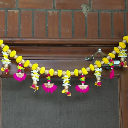 Image of Kaameri Bazaar Traditional Handmade toran|Multicolor String with gota pom pom, Parrot and Beads|for Diwali Decorations Items Fancy Decorative Garland Door Hanging, Bandarwal, Toran, 42 Inch