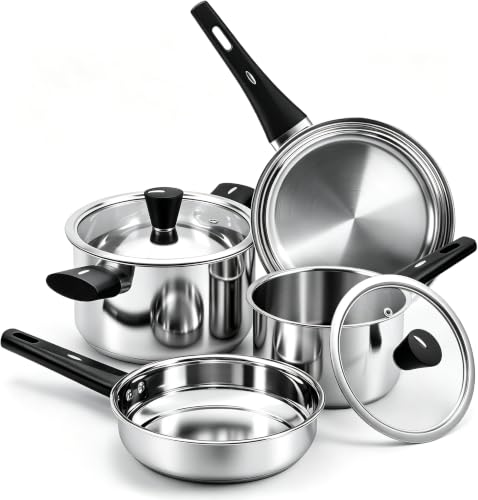 Stainless Steel Pots and Pans Set 6-Piece Hob Pots Set & Frying Pans w/Lids Induction Kithchen Cookware Set for Healthy Cooking Bakelite Handle Uncoated & Easy to Clean Suitable for All Stovetops