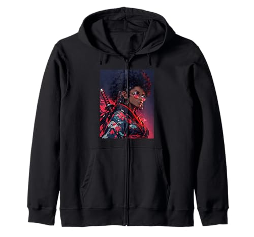 Black Woman Anime Samurai Streetwear Warrior Zip Hoodie