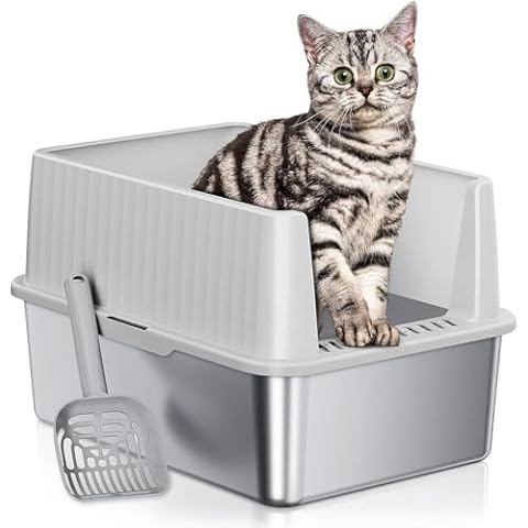 ONE PIX Stainless Steel Litter Box, Small Cat Litter Box with Lid, 17" L x 13.3" W x 11.8" H, Metal Litter Box with High Side, Kitten Litter Box, Non-Sticky, Odorless, Light Grey Cover