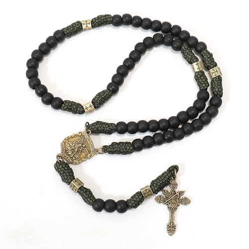 Nazareth Store Antique Bronze Metal Rugged Durable Paracord Rosary Necklace Black Matte Prayer Beads with Saint Medal and Crucifix4