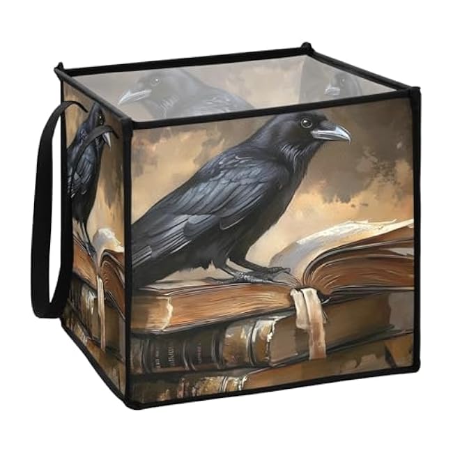 Gothic Crow Books Foldable Storage Bins ¨C Fashion Design, Easy to Wipe Storage Baskets with Handle for Living Room Office 10.6x10.6x10.6 In