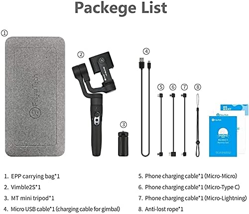 Diagram showing the package contents of the Feiyutech Vimble 2S, including the gimbal, carrying bag, mini tripod, and various charging cables.