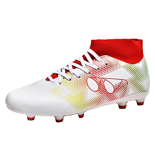 YUKTOPA Men's Boys Turf Cleats Soccer Shoes Lightweight Spike Football Shoes Breathable Firm Ground Soccer Shoes for Outdoor/Indoor/School/Game/Training White Red