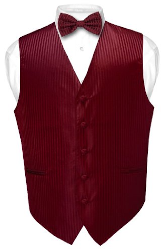 Vesuvio Napoli Men's Dress Vest & BOWTie BURGUNDY Color Vertical Striped Design Bow Tie Set