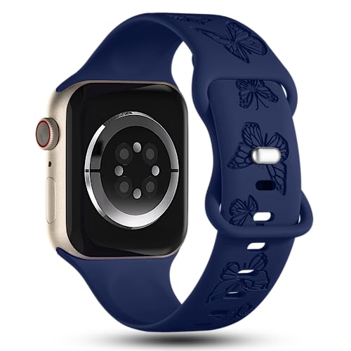 Image of Butterfly Engraved Bands Compatible with Apple Watch Band 41mm 40mm 38mm 49mm 46mm 49mm 46mm 45mm 44mm 42mm Women, Silicone Sport Strap for iWatch Series SE 10 9 8 7 6 5 4 3 2 1 SE Ultra