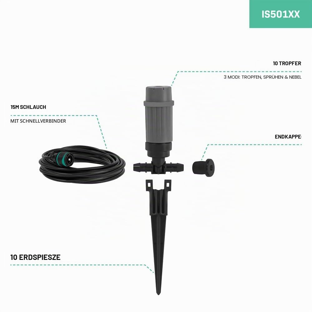 VONROC Bewässerungssystem - 3 Sprinklerstufen: Sprühen, Tropfen & Zerstäuben - Modulsystem inkl. 15m Schlauch, 10x Sprühkopf, 10x Schlauchhalter & Universalschnellkupplung