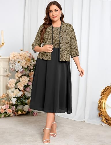 Image of ZOMVA Plus Size Sparkly Mother of The Bride Dresses with Jacket 2 Piece Chiffon A-Line Dress Wedding Guest Formal