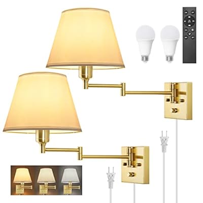 TRLIFE Dimmable Wall Sconce, Remote Control Dimming 10-100% and Adjustable Color Temperature 2700K-6500K Brushed Brass Swing Arm Wall Lights with Plug in Cord, 9.4" Medium White Shade(2 Pack, 2 Bulbs)