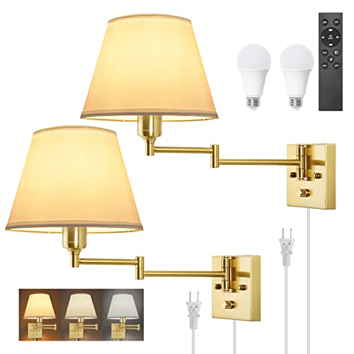 Image of TRLIFE Dimmable Wall Sconce, Remote Control Dimming 10-100% and Adjustable Color Temperature 2700K-6500K Brushed Brass Swing Arm Wall Lights with Plug in Cord, 9.4 inch Medium White Shade(2 Pack, 2 Bulbs)