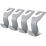 EldHus Car Seat Hooks for Purses and Bags, 4 Pack Car Purse Holder for Grocery Bag Handbag Clothes, Metal Headrest Hooks Covered by Leather, Gray