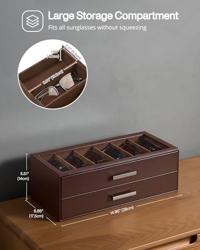 صندوق منظم للنظارات الشمسية بتصميم 12 فتحة، حامل نظارات شمسية من 2 مستويات من جلد صناعي مع غطاء علوي شفاف، حافظة عرض نظارات طبية متعددة للرجال والنساء من بروكيس، بني (Espresso)