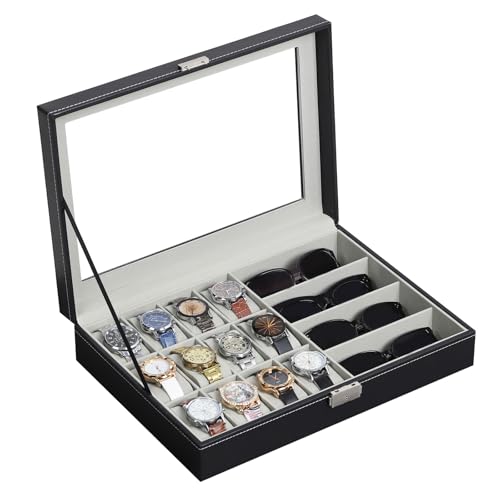 AUTOARK Leather 12 Watch Box Jewelry Case and 4 Piece Sunglass Eyeglasses Organizer,Mens Women Storage Holder Boxes,Large Glass Top,Black,MKAW044