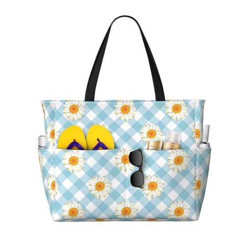 Grand sac de plage pour femme à carreaux bleu et marguerites - Sac fourre-tout avec poignées