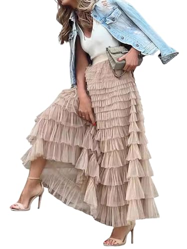 Women’s Petticoat Summer 2024 Mesh Detail Skirt Layered Cake Style Skirt Commuter in Apricot2