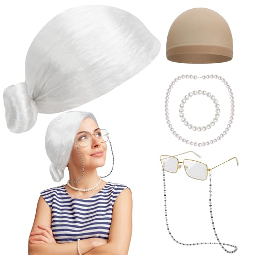 Huskein 100th Day of School Costume, Old Lady Cosplay White Bun Wig Glasses Wig Cap Pearl Necklace Bracelet Props for Kids Girls