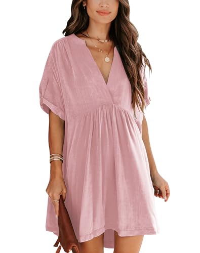 Minclouse Women's Babydoll Short Sleeve Tunic Dress V Neck Cute Casual Loose Dresses