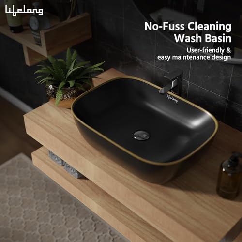 Image of Lifelong Wash Basin for Bathroom - Tabletop Washbasin - Ceramic Glossy Round Countertop Vessel Sink Ideal for Bathroom, Dining Hall & Vanity 33x46x16 cm (Black, LLHIBM05)