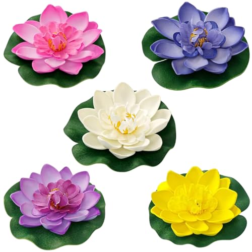 Muzrunq Fiori di Loto, ninfee Artificiali realistiche, 5 Pezzi, Decorazione di Fiori di Loto galleggianti da 3, 9 Pollici per laghetto, Acquario, Giardino, Stagno, Patio, galleggianti, Decorazione