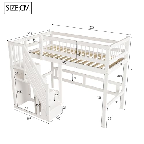 Etagenbett 90x200, Kinderbett Hochbett mit Treppe und Aufbewahrungsschrank, Funktionsbett Einzelbett Stockbett Spielbett Kinderhochbett Jugendhochbett mit Lattenrost, Massivholz, Ohne Matratze, Weiß