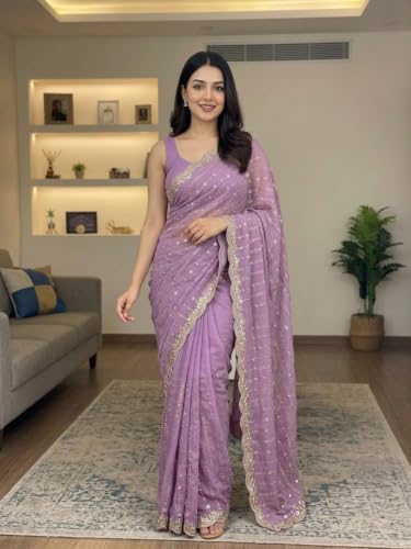 Image of RADHA Women's Embroidery Work Saree with Designer Border for Festive and Traditional Ethnic Drape Saree with Detailed Thread Style Pattern and Elegant Occasion Look